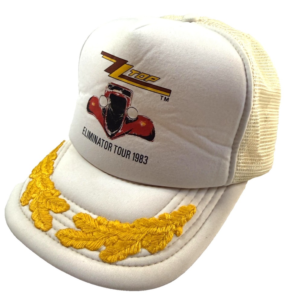Vintage 1983 ZZ Top Eliminator Tour 1983 Trucker Hat Cap Mesh Yellow Leaf Emb